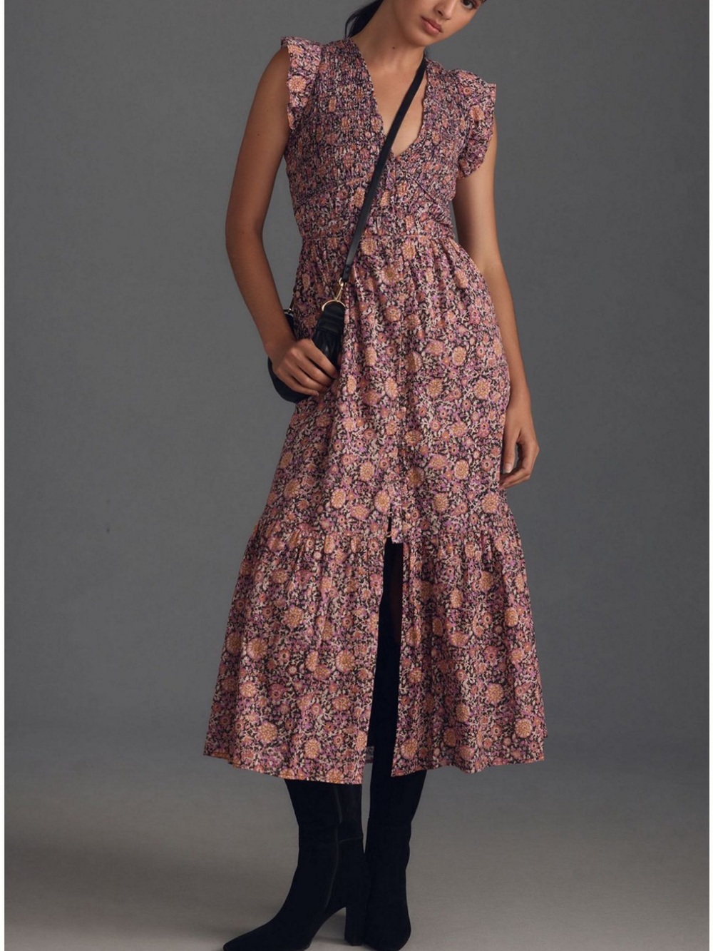 Anthropologie Mauve Floral Smocked Midi Dress - Picture 3 of 5